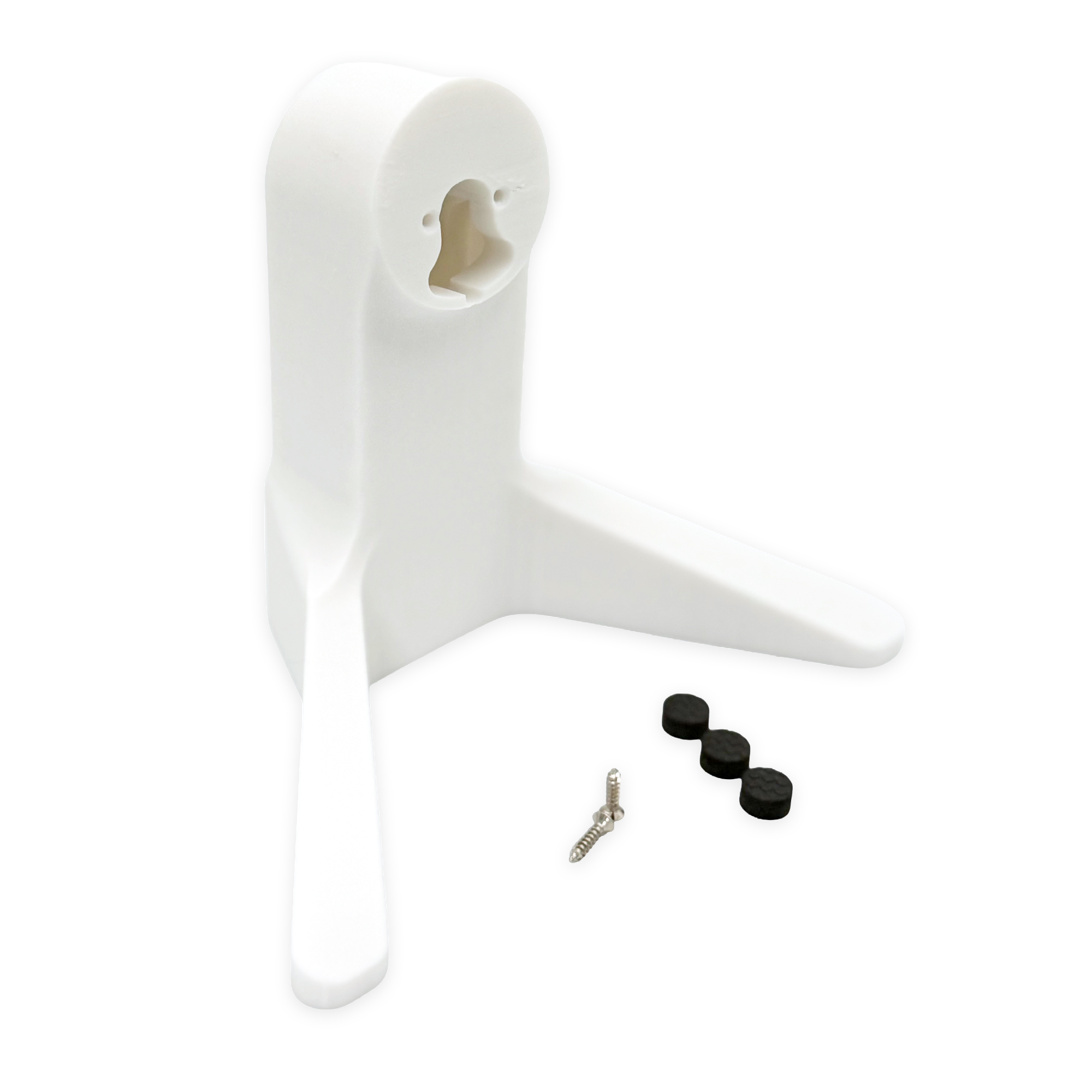 The Perch tabletop camera mount in white, shown with the included screws and rubber feet