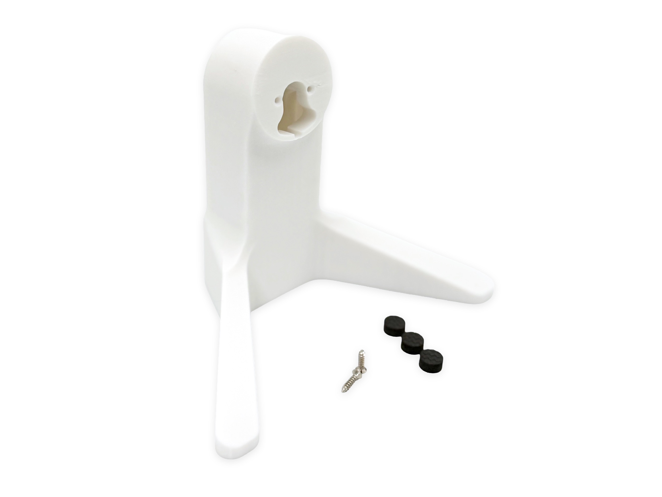 The Perch in white alongside its included screw and rubber feet